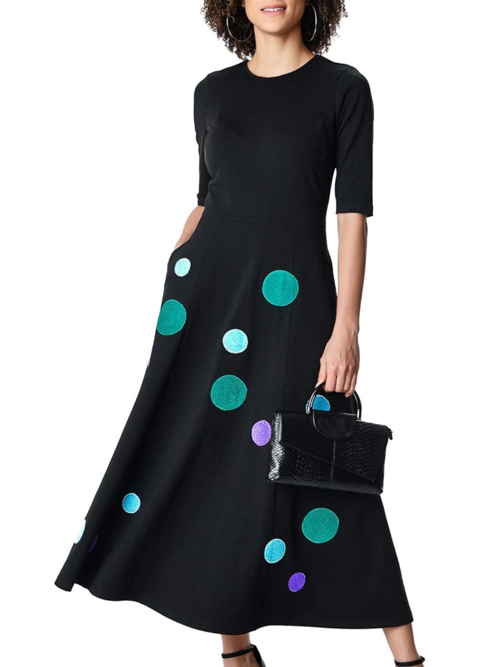 eShakti Embroidered Polka Dot Midi Dress Womens Size 2X Black Green Classic - Picture 11 of 12